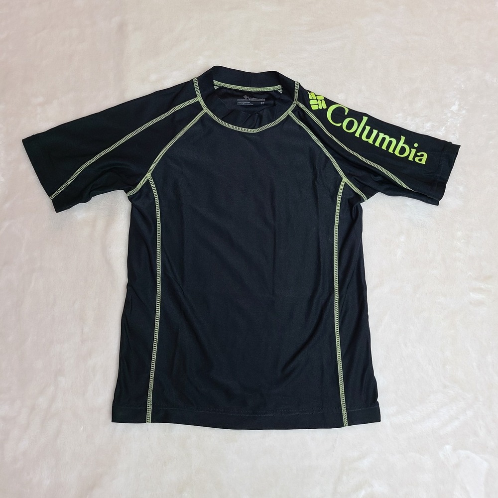 Columbia Kids Black Short Sleeve Rash Guard Swim Shirt Size Small Raglan Neon
